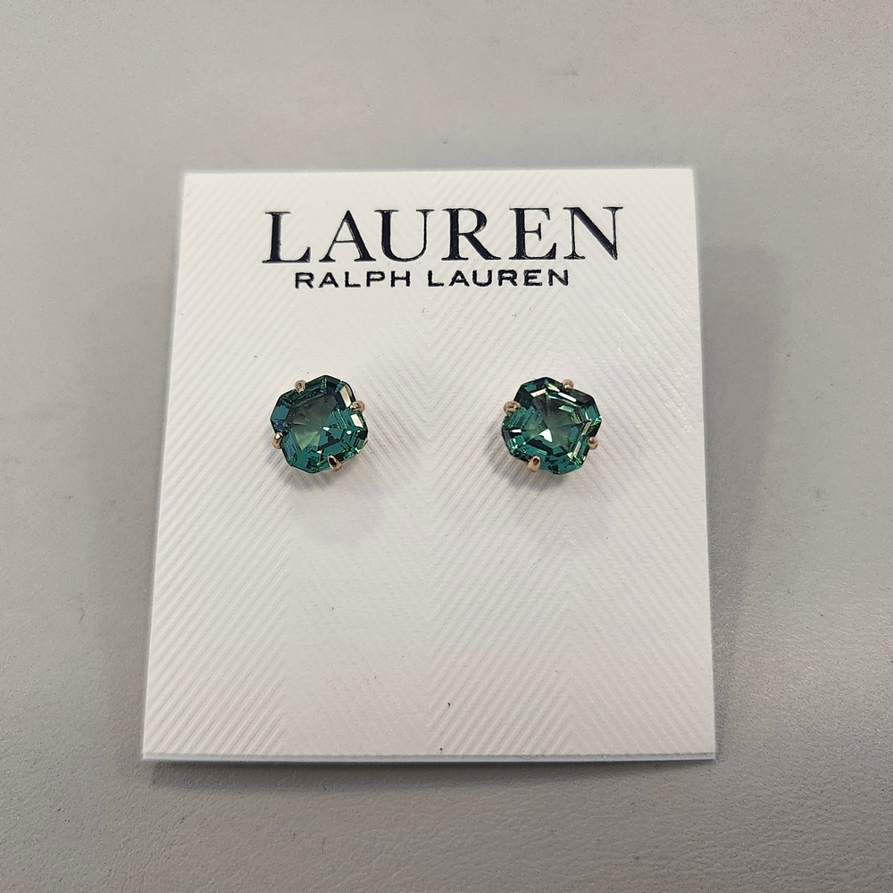NWT Ralph Lauren Gold-Tone Green Cushion-Cut Stone Stud Earrings